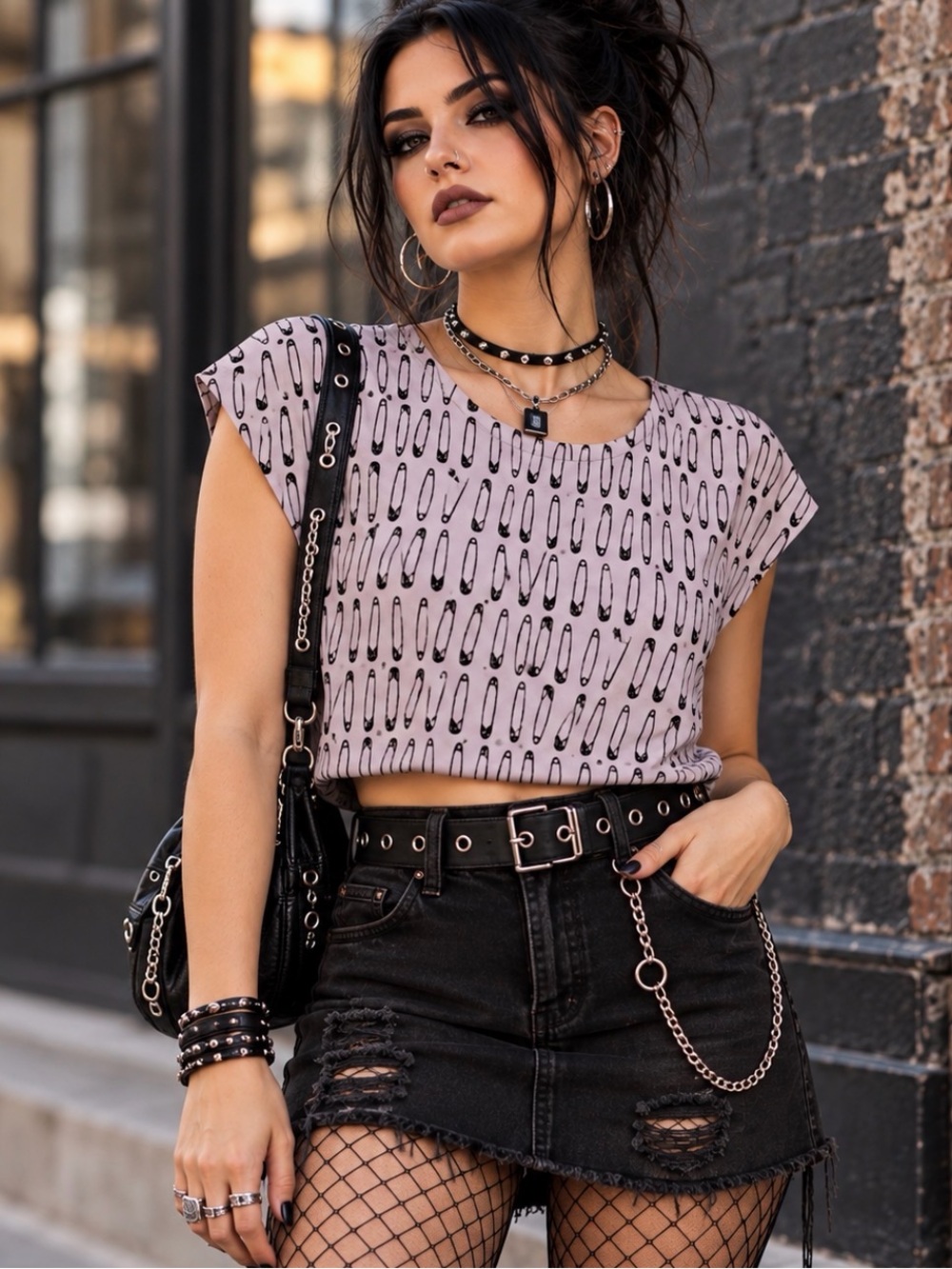 Divided by H&M Safety Pin Print Crop Top with Button back blouse Size 2.